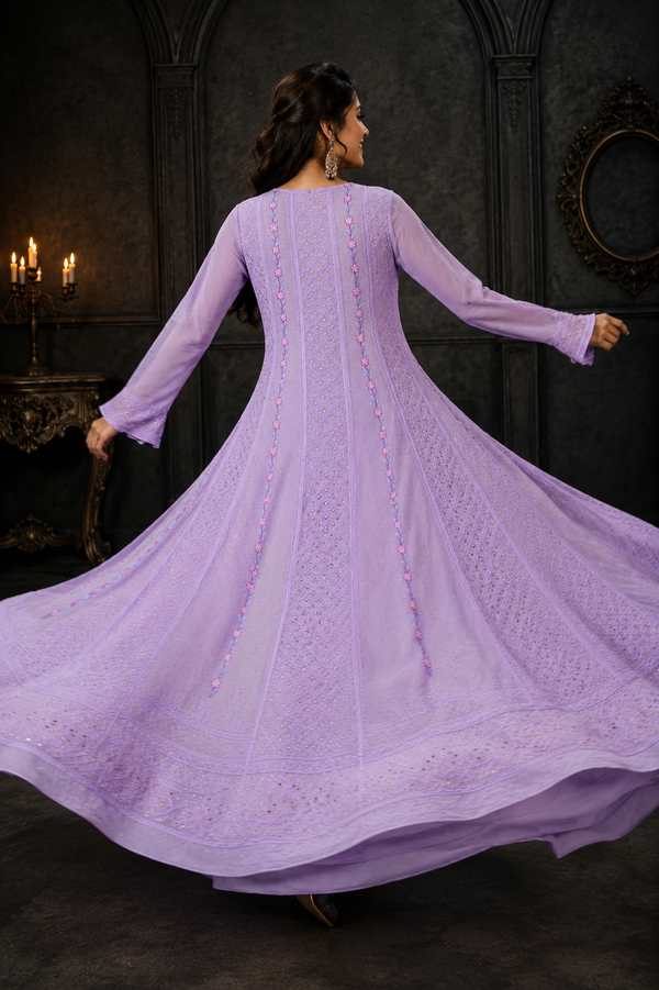 Handcrafted Lucknowi Chikankari Parsi & Mukaish Work Purple Georgette Semi-Stitched Anarkali Suit Set for Women