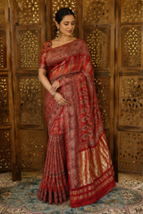 Ajrakh Red Mirror Work Saree – Natural Dye Handcrafted Saree from Kutch, Gujarat