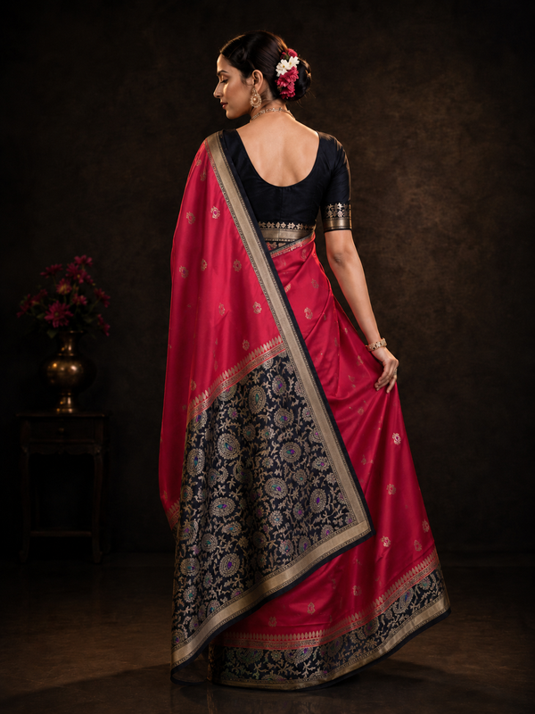 Premium red and black Banarasi pure mulberry silk saree with pure silver zari border pallu and blouse