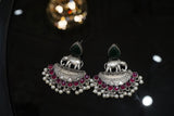 Antique Silver-Tone Brass Elephant Motif Monalisa Stone Earrings with Pearl Beads