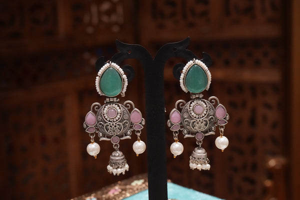 Silver-Tone Brass Monalisa Stone & Pearl Jhumka Earrings