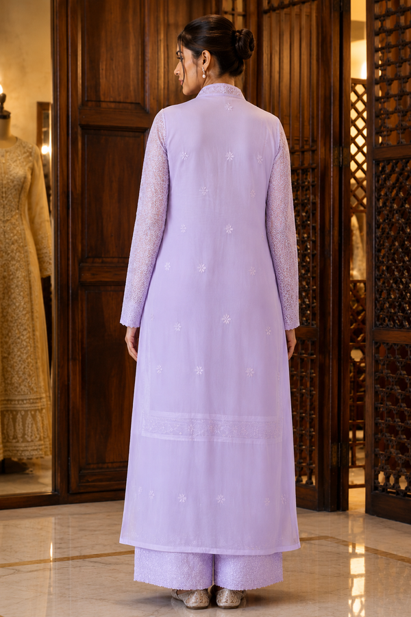 Lucknowi Chikankari Handcrafted Purple Cutdana Bead Work Georgette Unstitched Straight Suit Set
