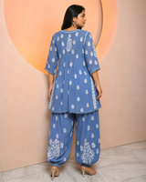 Chikankari Premium Blue Modal Satin Afghani Kurta Pant Set | White Embroidery Ethnic Co-ord