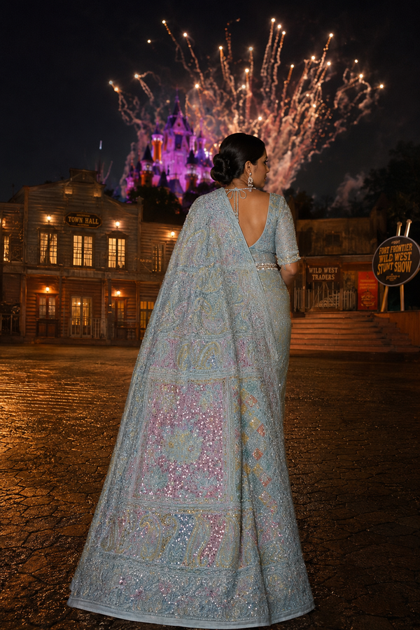 Premium Light Blue Heavy Chikankari Pure Georgette Saree with Sequin & Cutdana Work + Blouse |