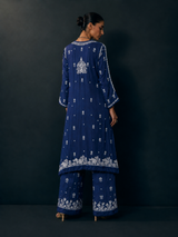 Premium Ink Blue Chikankari Modal Satin Fine Jaal Achkan Set | Kurta Pant Set for Women