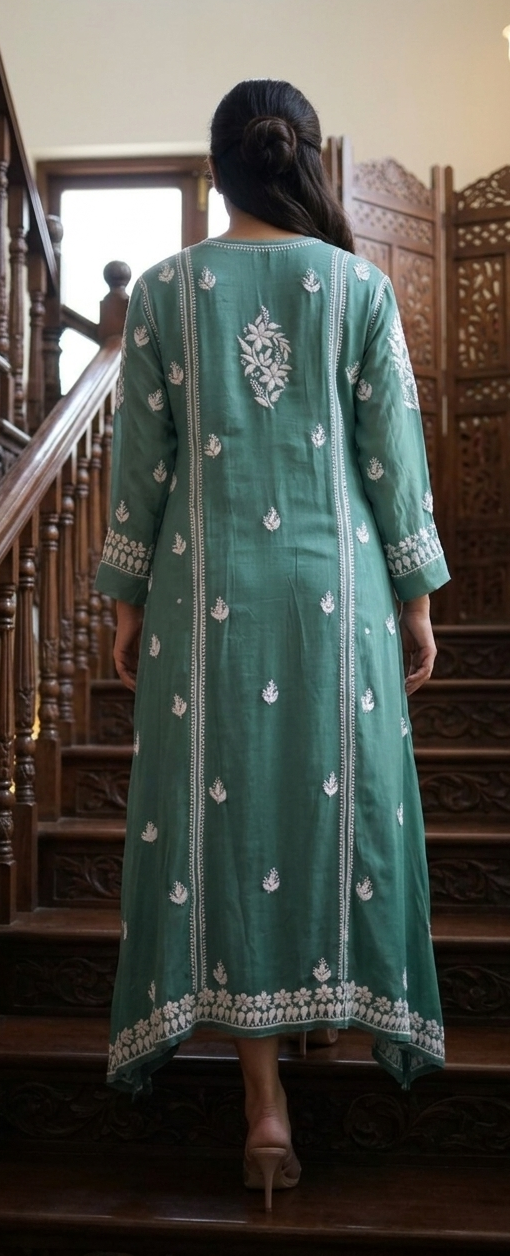 Chikankari-Premium Green Ghas Patti Crepe Long Frock Style Kurti | Lucknowi Embroidered Dress