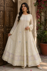 Handcrafted Lucknowi Chikankari Heavy Multi Cutdana Work Yellow Georgette Semi-Stitched Anarkali Suit with Dupatta
