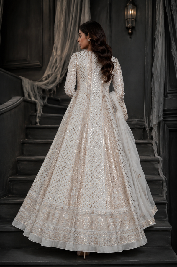 Handcrafted Lucknowi Chikankari Mirror Work & Gota Patti White Georgette Semi-Stitched Anarkali Suit Set for Women