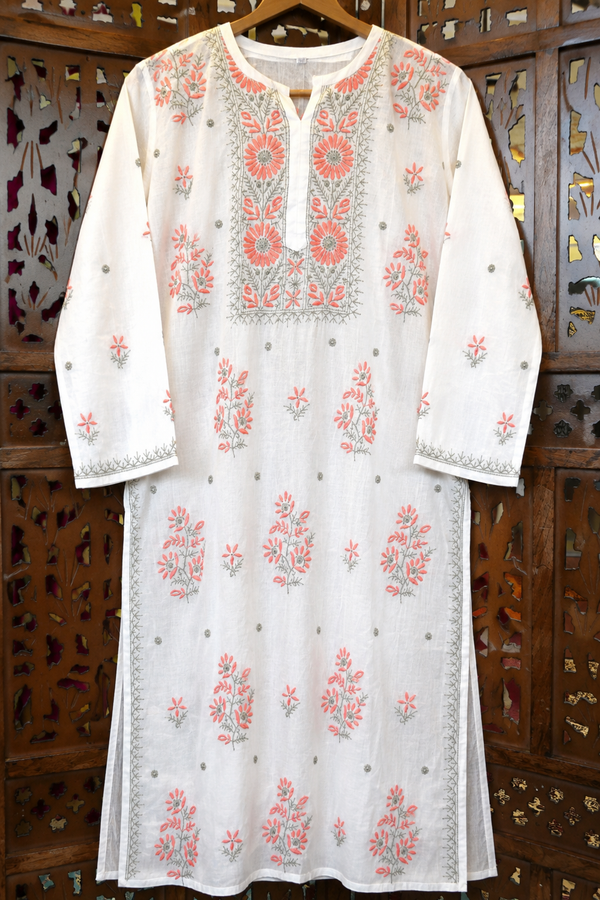 Premium White Chanderi Silk Chikankari Suit Set with Orange Do Taar Embroidery | Elegant Festive Wear