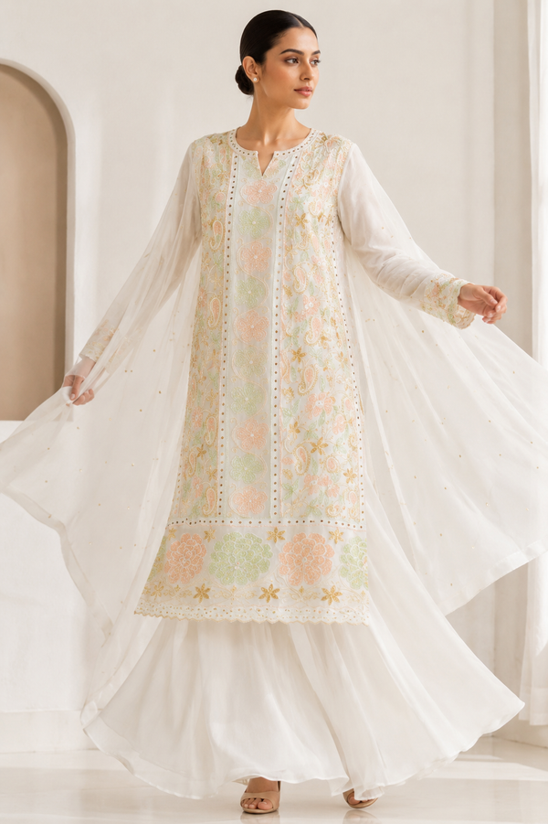Handcrafted Lucknowi Chikankari Cutdana, Bead & Gota Patti Work White Georgette Semi-Stitched A-Line Suit Set for Women