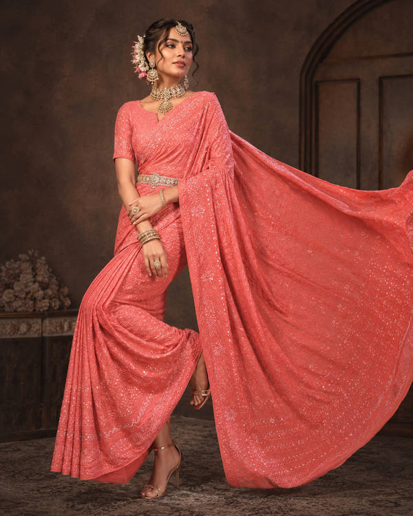 Premium Dark Peach Lucknowi Chikankari Pure Georgette Saree with Heavy Bead Work & Blouse