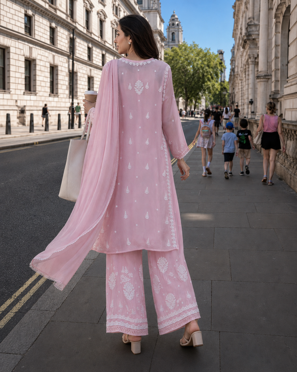 Chikankari Premium light pink crepe kurti pant set with white Ghas Patti floral embroidery