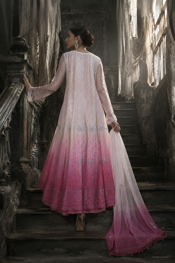 Pink Ombre Chikankari Anarkali with Cutdana Work – Premium Georgette Lucknow