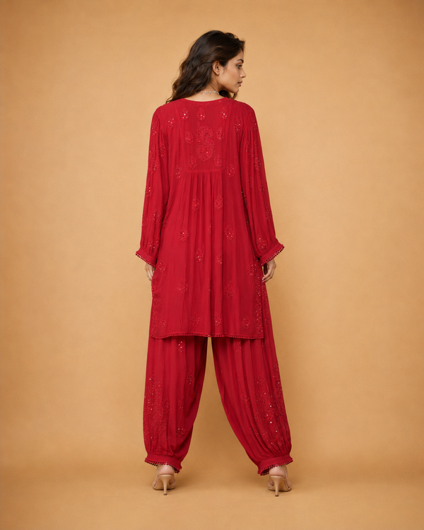 Chikankari- Premium Red Fine Mukaish Work Georgette Afghani Kurta Pant Set