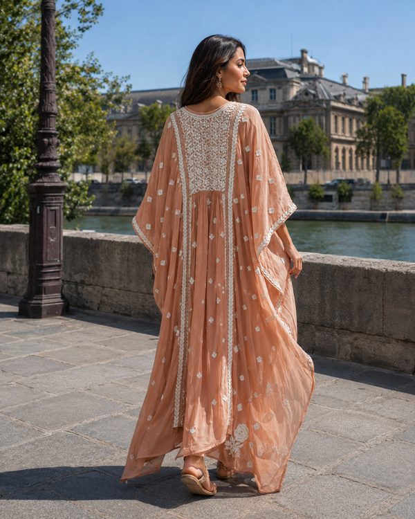 Premium Brown Ghas Patti Chikankari Crepe Kaftan | Handcrafted Lucknowi Style