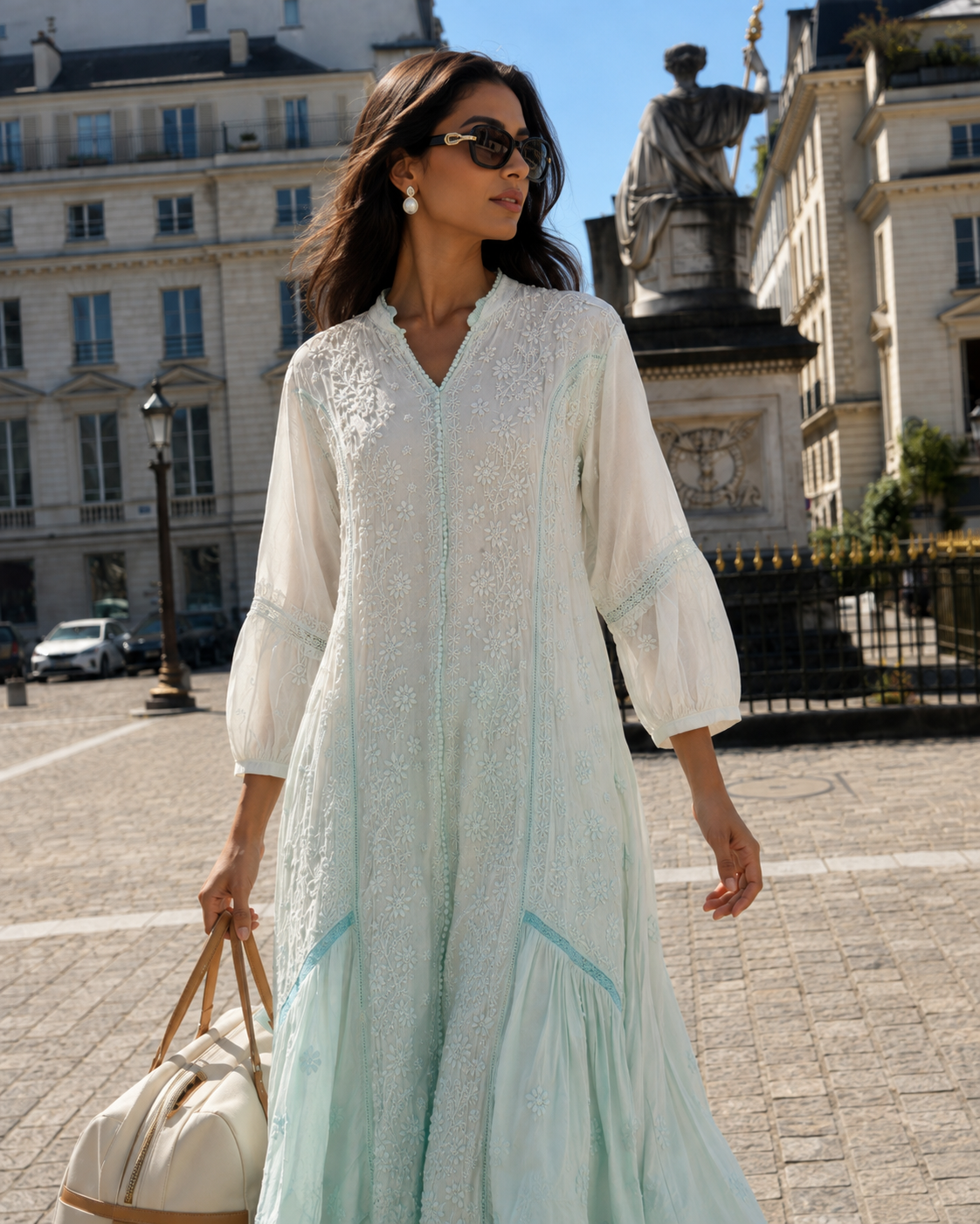 Chikankari-Premium Light Blue Ombre Ghas Patti Pure Crepe Kaftan Gown