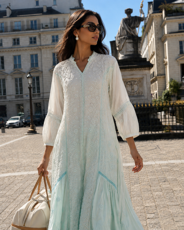 Chikankari-Premium Light Blue Ombre Ghas Patti Pure Crepe Kaftan Gown