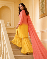 Chikankari Orange & Yellow Ombre Resham Jaal Georgette Kurti Sharara Set with Dupatta | Festive & Wedding Wear