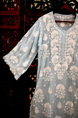 Ice Blue Handcrafted Lucknowi Ghas Patti Chikankari Kurta Palazzo Set with Phanda & Murri Work