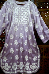 Lavender Purple Lucknowi Chikankari Ghas Patti Floral Jaal & Buti Short Kurti with Afghani Salwar Set