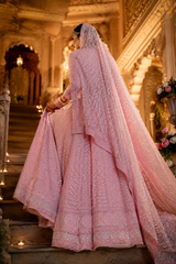 Handcrafted Lucknowi Chikankari Heavy Cutdana & Gota Work Blush Pink Georgette Semi-Stitched Lehenga Choli with Dupatta