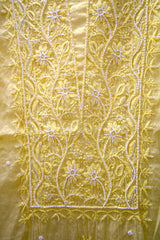 Handcrafted Lucknowi Chikankari Bead Work Yellow Mul Chanderi Unstitched A-Line Kurti with Dupatta for Women