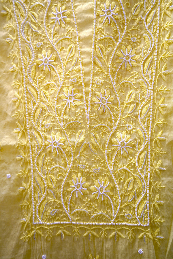 Handcrafted Lucknowi Chikankari Bead Work Yellow Mul Chanderi Unstitched A-Line Kurti with Dupatta for Women