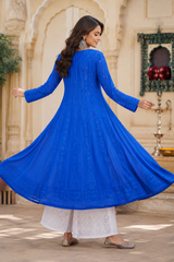 Chikankari Blue Georgette Anarkali Sharara Set