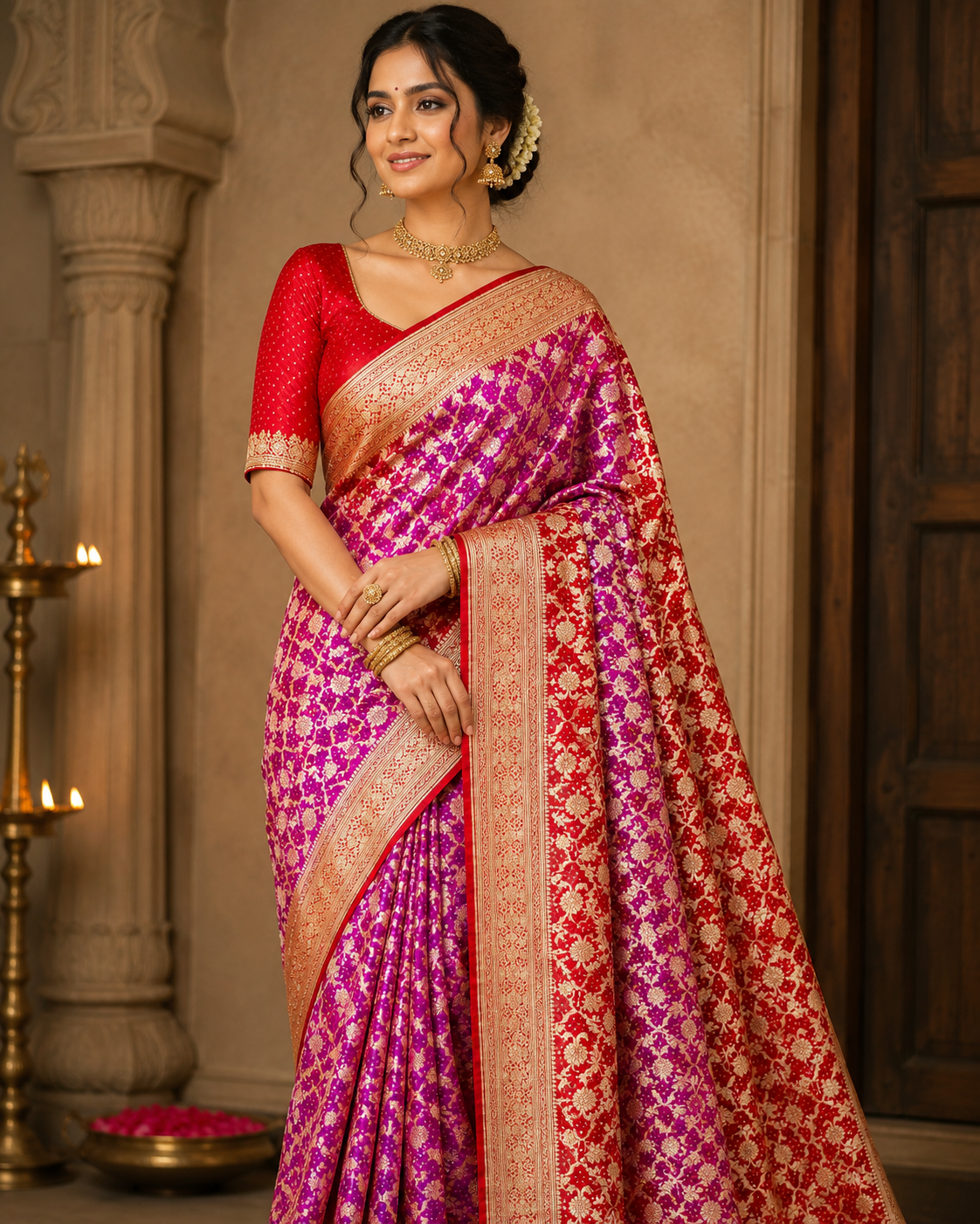 Pink & Red Bandhej Pure Georgette Saree – Jamnagar