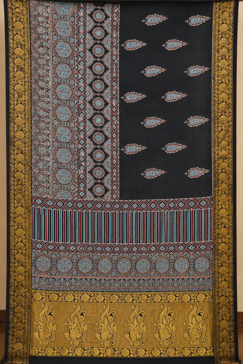 Ajrakh Modal Silk Natural Dye Banarasi Border Saree with Blouse Piece