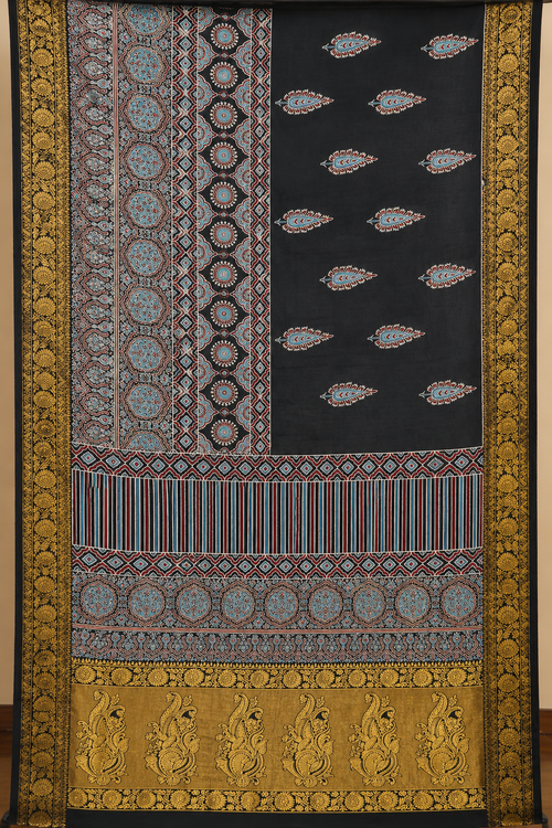 Ajrakh Modal Silk Natural Dye Banarasi Border Saree with Blouse Piece