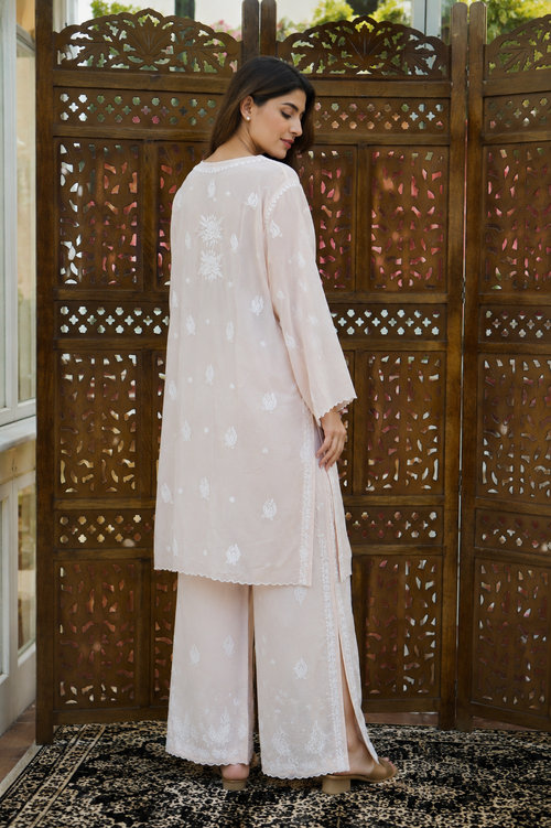 Crepe Arca Designer Peach Chikankari Co-ord Set