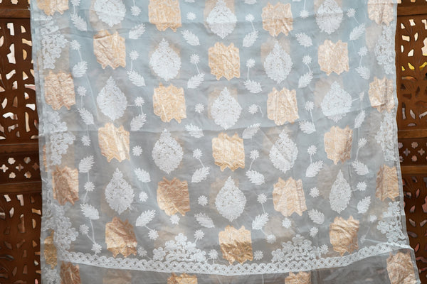 Chikankari Organza Banarasi Zari Work Saree | Blue Designer Saree for Wedding & Festive Wear