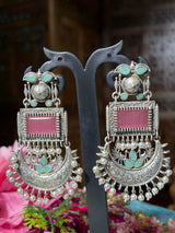 Pink & Aqua Kashmiri Style Oxidized Dangler Earrings