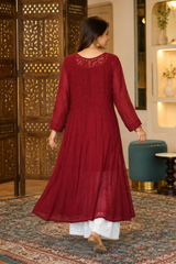 Chikankari-Maroon Resham Chikankari Fine Work Anarkali with White Sharara Set