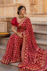 Red Bandhej Pure Gorgette Saree-Jamnagar