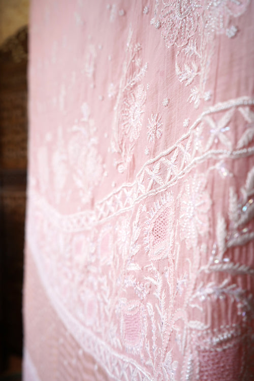 Chikankari Fine Mul Chanderi Saree with Kutdana, Bead & Keel Jaal Work