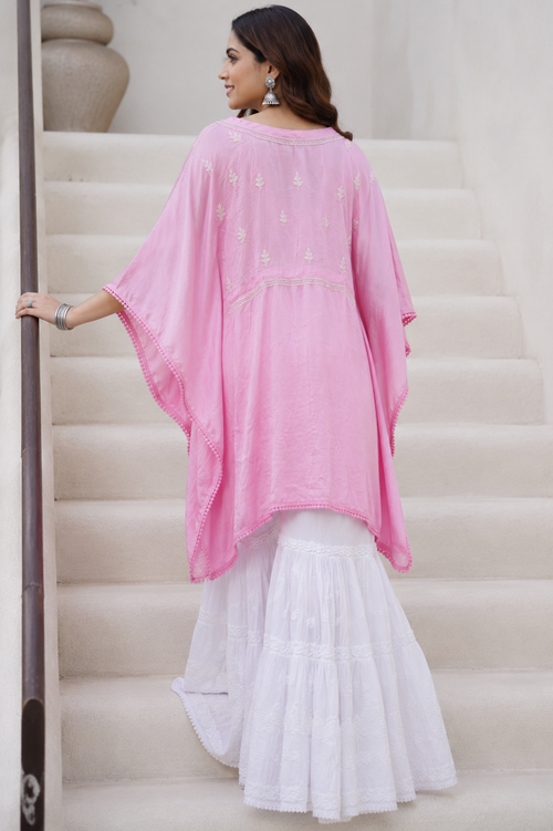 Chikankari Crepe Satin Pink Kaftan Gharara Set with Fine Embroidery Work