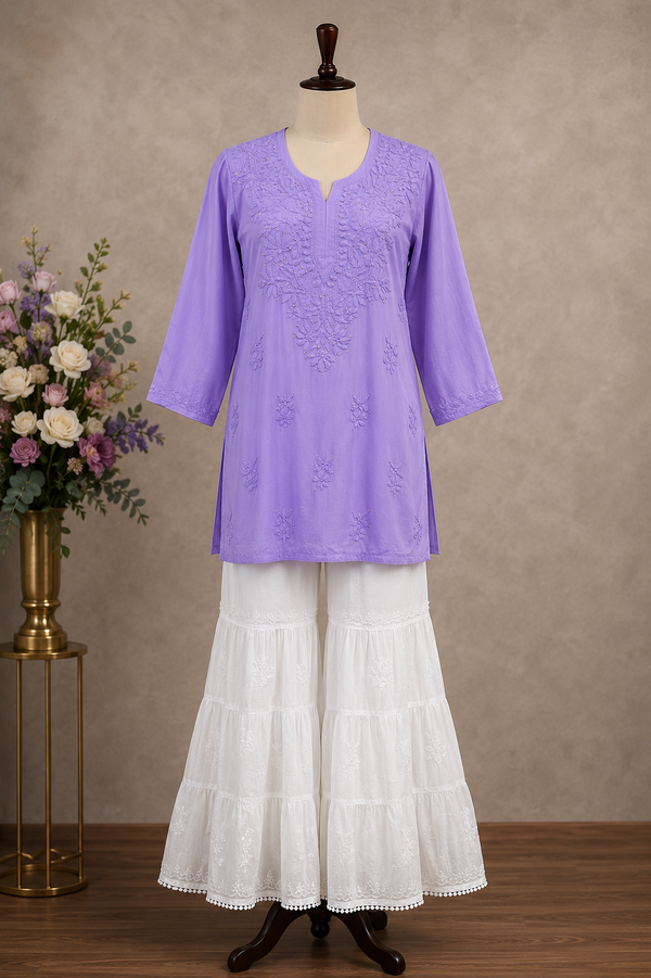 Chikankari Short Kurti with White Gharara – Elegant Ethnic Ensemble