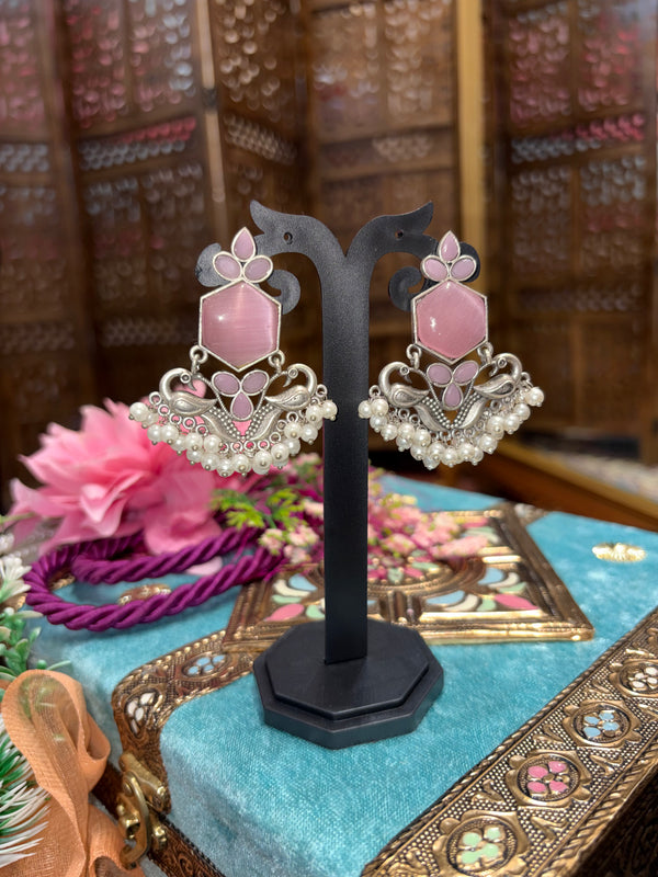 Pink Silver Kashmiri Style Pearl Dangler Earrings