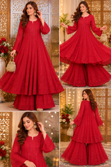 Chikankari Resham Work Anarkali Suit with Sharara, Dupatta & Slip