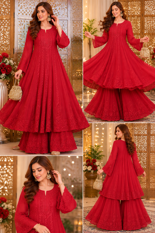 Chikankari Resham Work Anarkali Suit with Sharara, Dupatta & Slip