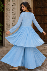 Chikankari Flared Frock style Anarkali Sharara Suit Set