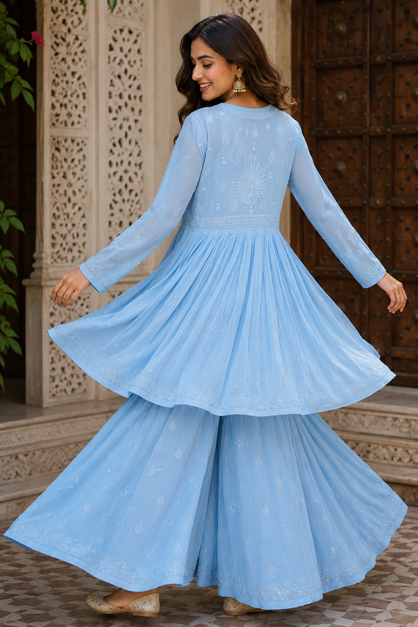 Chikankari Flared Frock style Anarkali Sharara Suit Set