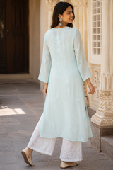 Chikankari Firozi Resham Jaal Kurti with Chikankari White Pant