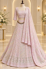 Blush Pink Chikankari Lehenga Choli with Cutdana, Pearl & Bead Work and Dupatta