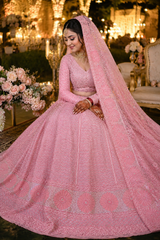 Handcrafted Lucknowi Chikankari Heavy Cutdana & Gota Work Blush Pink Georgette Semi-Stitched Lehenga Choli with Dupatta