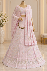 Blush Pink Chikankari Lehenga Choli with Cutdana, Pearl & Bead Work and Dupatta