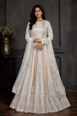 Handcrafted Lucknowi Chikankari Mirror Work & Gota Patti White Georgette Semi-Stitched Anarkali Suit Set for Women