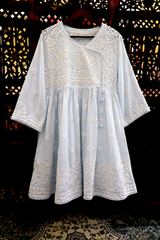 Ice Blue Lucknowi Ghas Patti Chikankari Short Frock Kurti with Afghani Bottom Set